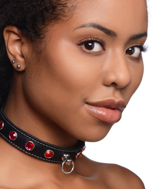 Fierce Vixen Leather Choker With Rhinestones - Red